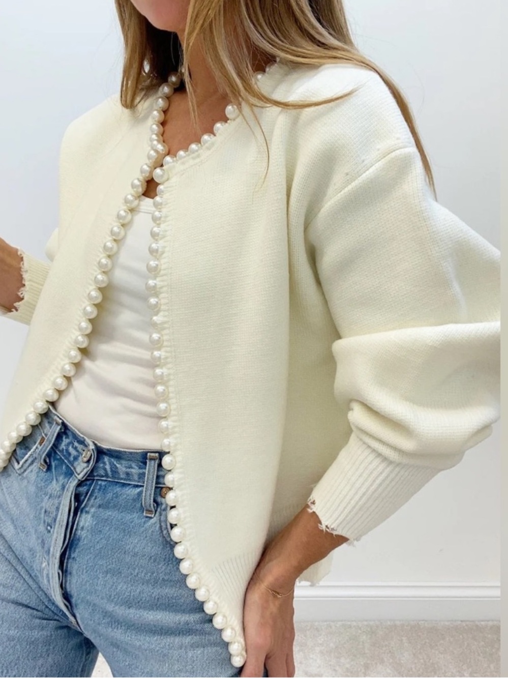 Commense Women's Cream Pearl-Trim Knit Cardigan Sweater Small - Picture 2 of 11